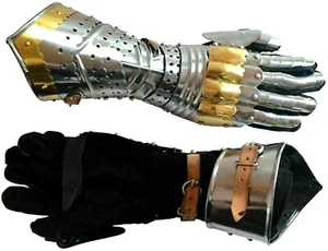 Medieval Gauntlet Gloves Armor Pair Brass Accents Crusader Glove LARP Costume - Picture 1 of 4