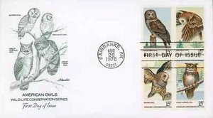 OWLS COMPLETE SET 4 OWL STAMPS CONSERVATION 1978 ARTMASTER CACHET FDC ALASKA UNA - Picture 1 of 1