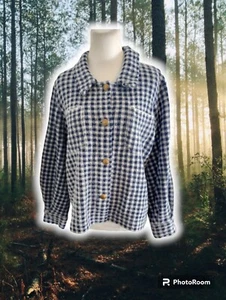 Max Studio Womens Blue White Gingham Plaid Button Up Shirt Jacket Shacket Size L - Picture 1 of 11