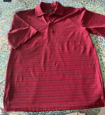 Pebble Beach Performance Polo Shirt - Medium - Red with Blue Stripes - Image 1 of 2