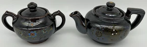 Teapot & Sugar Bowl~Vintage Hand-Painted ~USED~Blue & Gold~Brown~3½" H w/lid on - Picture 1 of 13