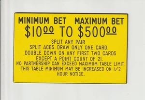 Vintage Yellow Black Casino Table Rule Sign Plaque Minimum Maximum Bet Plastic - Picture 1 of 3