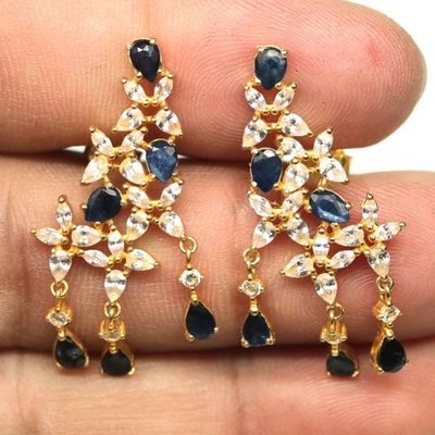 925 Sterling Silver Blue Sapphire & Cubic Zirconia Earrings 18K Gold Plated - Image 1 of 4