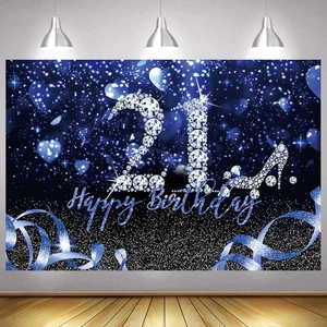 Blue 21st Birthday Backdrop 21 Years Diamond Party Photo Background Banner - Picture 1 of 7