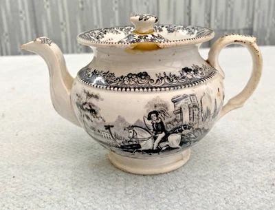 Small Childs Early Staffordshire Black Transferware TEAPOT Gent on Horseback Dog - Image 1 of 4