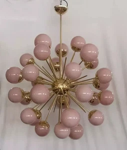 1950's Brass Pink Glass Polished Sputnik Chandelier Urchin Italian Chandelier - Picture 1 of 8