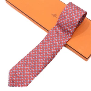 Hermes Tie Men Necktie Cheval Au Bar Horse Pattern 100% Silk Red Navy With Box - Picture 1 of 6