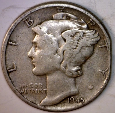 1945 ERROR STRAIGHT CLIPPED Mercury SILVER Dime Coin Nice Clip #2  NR - Image 1 of 4