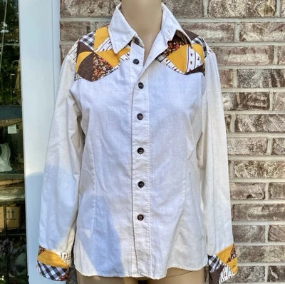 Camisa Vaquera Boho Hipster Vintage Años 70 Crema Patchwork Abotonada Foto 1 de 4