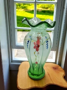 vintage dunbar octagon ruffled rim green mist hand painted vase - Picture 1 of 12