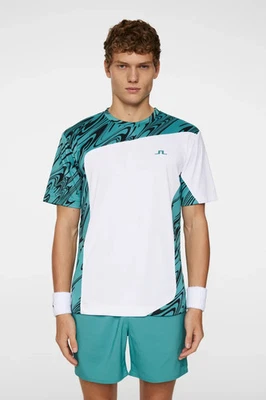 J. LINDEBERG NICCOLO HOMBRE TRIPULACIÓN MANGA CORTA CAMISETA TENIS VERDE AZULADO BLANCO GRANDE NUEVO Foto 1 de 4