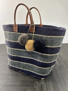 Mar Y Sol Baby Blue Navy Blue Tote Bag Leather Handles Beach Shopping - Picture 1 of 9