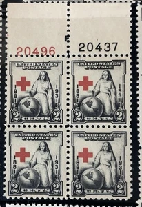 Scott 702, 2c Red Cross, Plate block/4, Top #s20496(R)/20437F(B) MNH Free Ship - Picture 1 of 1