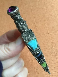 Vintage Miracle Brooch Celtic Scottish Dirk Kilt Pin Amethyst Agate style Glass - Picture 1 of 11