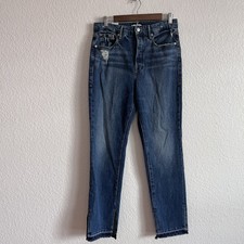 NWT Good American Good Boy Raw Hem Slit Blue Jeans Distressed Button Fly 6 / 28