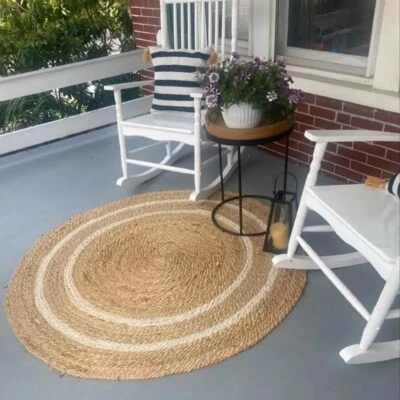Rug 100% Natural Jute Reversible Round Rug Braided Style Living Modern Area Rug - Image 1 of 4