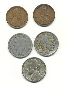 1919-S & 1919-P Lincoln 1c/1904 Liberty 5C/1935-D Buffalo 5c/1945-P Jefferson 5c - Picture 1 of 10