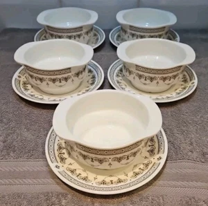 5 X Royal Tuscan Wedgwood Metallised Bone China Soup Cereal Bowls & Saucers - Picture 1 of 13
