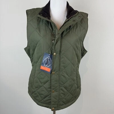 St Johns Bay Women’s Medium Quilted Green Riding Vest Gold Zipper Snaps Pockets - Image 1 of 4