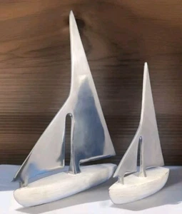 Sailboats Nautical Statues Aluminum and Wood 2 Boats Distressed Weathered Decor - Picture 1 of 19