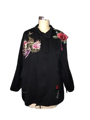 Abrigo chaqueta militar mediana negra para mujer flor/pájaros bordados bolsillos delanteros Foto 1 de 4