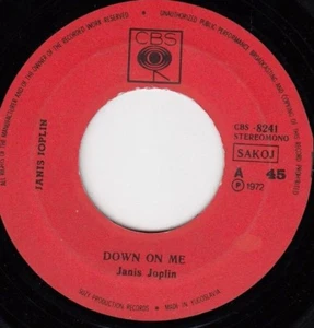 JANIS JOPLIN DOWN ON ME / BYE BYE BABY RARE 1972 RECORD YUGOSLAVIA 7" - Picture 1 of 4