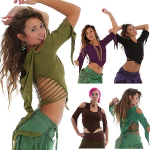 Slashed Back Top Baumwolle spitz 3/4 Ärmel Crop Psy Trance Pixie Kapuze Festival - Bild 1 von 31