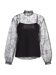 NWOT Akris Women's Black Sashiko Floral Embroidered Sheer Tulle Blouse Size 2 - Picture 1 of 11
