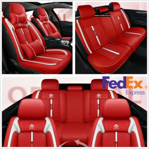 Red Wear-Resistant Leather 5-Seats Car Seat Covers With Headrest+Waist Pillows - Picture 1 of 12