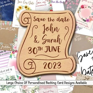 Banner Scroll Personalised Wooden Wedding Save The Date Magnets & Backing Cards - Picture 1 of 7