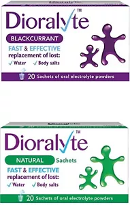 DIORALYTE Oral Electrolyte Sachets (20 pack) - Blackcurrant/Natural. from £18.36 - Picture 1 of 3