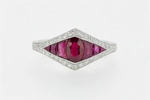 Kunst Deko Inspiriert Rubin Diamant Platin Ring Natur Oval Französisch Schnitt - Bild 1 von 9