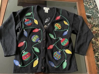 VTG Mandal Bay Christmas Cardigan Sweater Lights front back Black Teacher L - Image 1 of 4