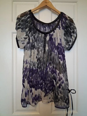 Primark Purple Black Chiffon Top UK12 Loose Fit Short Sleeve Blouse - Image 1 of 4