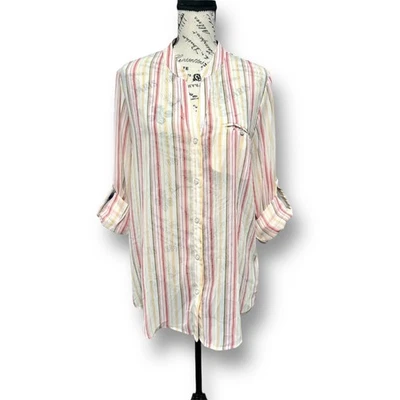 KUT From The Kloth Blanco Rayas Gasa Transparente Manga con lengüeta enrollable Boho Coastal L Foto 1 de 4