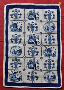 VINTAGE AUTHENTIC NETHERLANDS ART BLUE WHITE COTTON KITCHEN TEA TOWEL - Picture 1 of 4