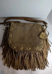 Borsa a tracolla Lauren Ralph Lauren marrone marrone marrone scamosciato frange boho western - Foto 1 di 15