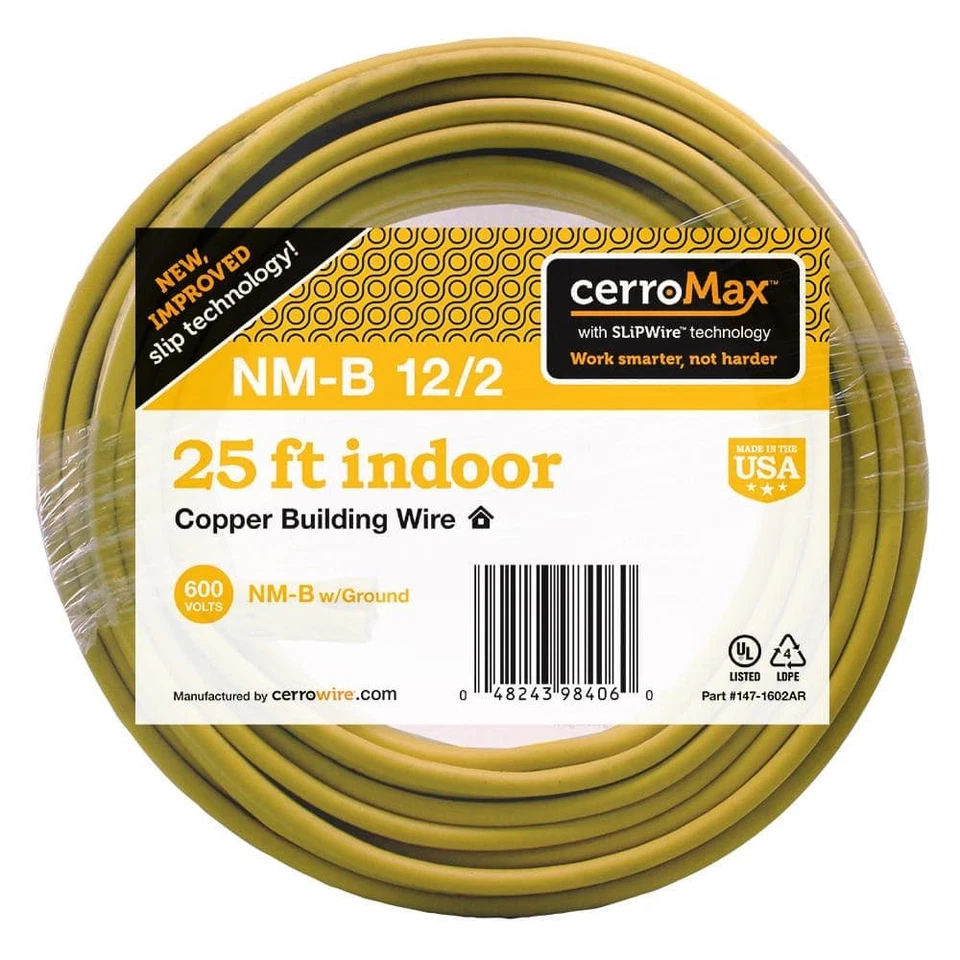 147-1602AR Cerrowire 25' Indoor 12-2 NM-B Ground 12AWG 2 Conductor Yellow Wire
