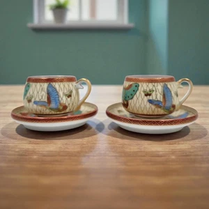 2 Hand Painted Kutani Style Demitasse Cups & Saucers Japan Butterfly Gold Trim - Picture 1 of 6