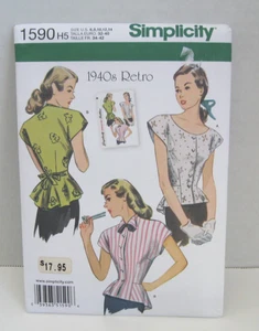 Simplicity 1940s Retro Blouse w/Neckline Options #1590 Misses 6-14 Pattern Uncut - Picture 1 of 2