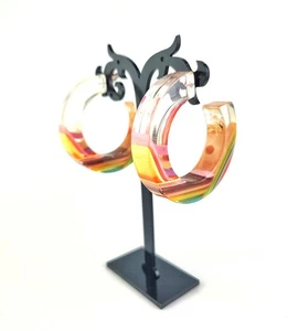 Sobral Retroz Jolie Clear & Art Deco Stripe Artist Made Large Hoop Post Earrings - Picture 1 of 6