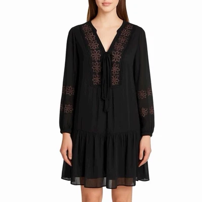 Ellen Tracy Black Chiffon Knee Length Floral Tie Front Shift Dress Women XL NEW - Image 1 of 4