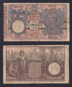 Banconota Italia 5 lire Vittorio Emanuele III° 1923 P.-23f MB/F - Imagen 1 de 1