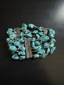 Vintage Turquoise Chunky Stone Beaded Silver Strand Elastic Bracelet ~ VGUC - Picture 1 of 7