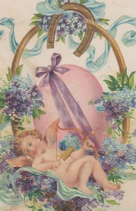 Cupid in Easter Egg Basket Horseshoe UDB Postcard - Picture 1 of 3