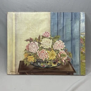 Flowers In Vase Vintage Oil Painting on Canvas Signed Ellen Peirce 1952 Unframed - Picture 1 of 17