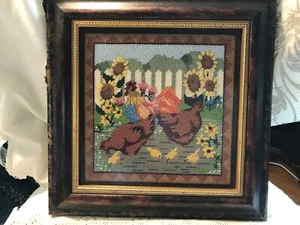 FINISHED NEEDLEPOINT CHICKENS & Chicks in sunflower garden prof framed - Picture 1 of 4