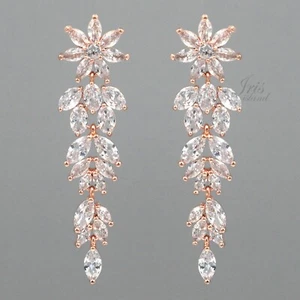 ROSE GOLD Plated Cubic Zirconia CZ Wedding Bridal Drop Dangle Earrings 9358 Prom - Picture 1 of 4