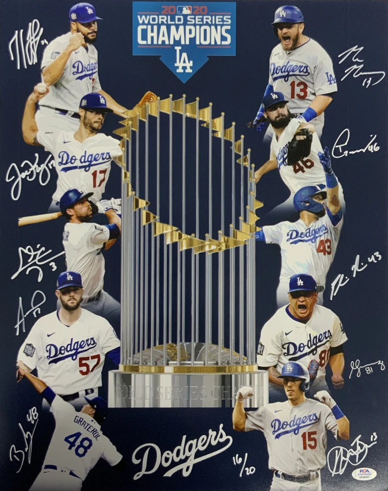 16/20 DODGERS 2020 WORLD SERIES 16X20 PHOTO WITH 10 AUTOGRAPHS MUNCY TAYLOR PSA - Image 1 of 4