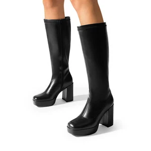 Women Chunky Heel Gogo Boots Square Toe Side Zipper Knee High Boots - Picture 1 of 26